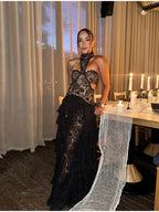 Black Lace Patchwork Halter Dress With Sheer Panels Gown