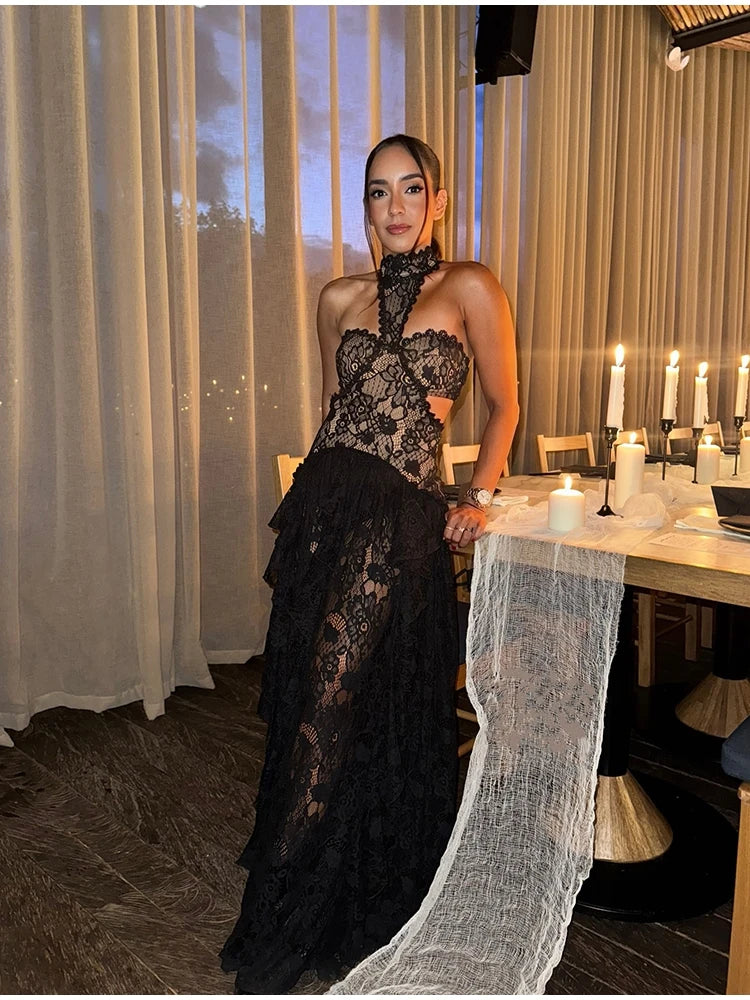 Black Lace Patchwork Halter Dress With Sheer Panels Gown