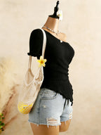 Ribbed One Shoulder Top With Asymmetrical Hem, Drawstring Ruched Detailing