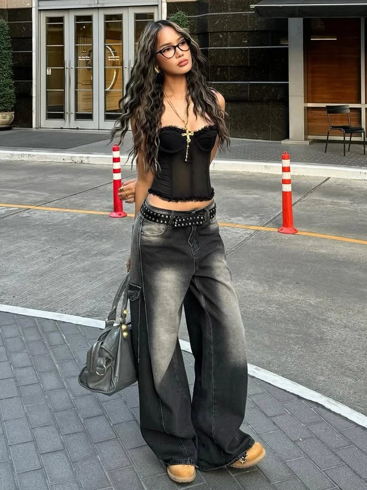 See Through Patchwork Strapless Top With Fishbone Detail Backless Fashion