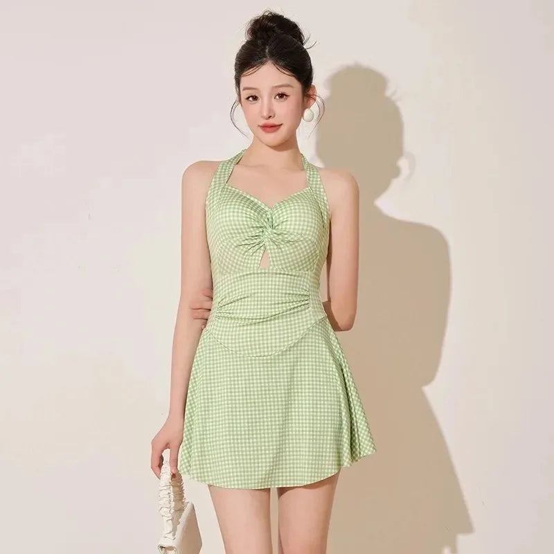 Plaid Backless Swim Dress With Halter Neck
