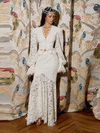 Delicate Lace V-Neck Peplum Top With Flare Sleeves And High Waist Mermaid Hem Elegant Evening Set
