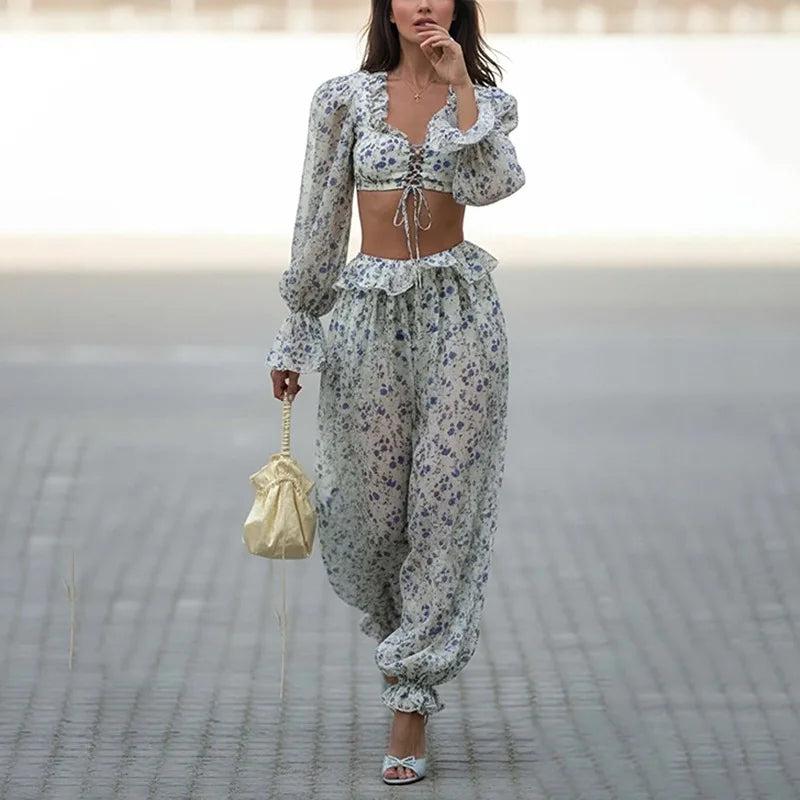 Breezy Ruffle Set With Lightweight Top And Flowing Trousers Casual Style