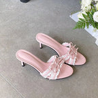 Butterfly Knot Heeled Slippers For Women Round Toe Slip On Sandals With Slim Heels