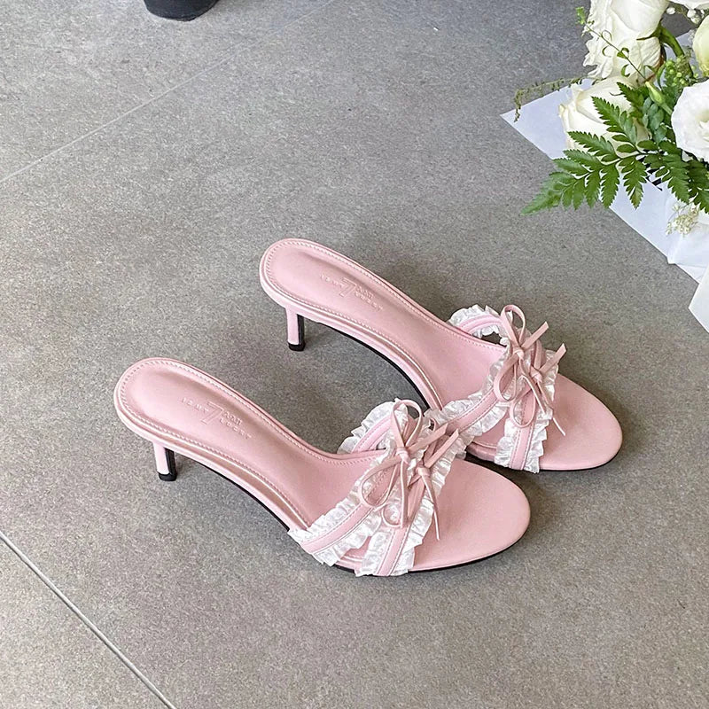 Butterfly Knot Heeled Slippers For Women Round Toe Slip On Sandals With Slim Heels