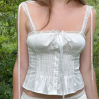 White Lace Trim Crop Top With Ribbon Bow Collar