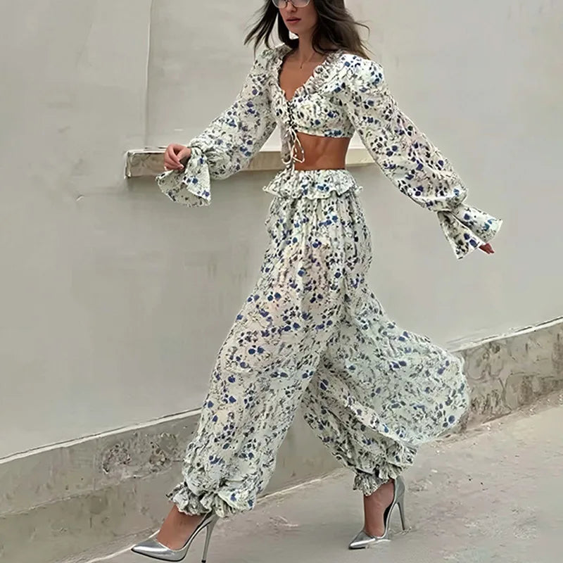 Breezy Ruffle Set With Lightweight Top And Flowing Trousers Casual Style