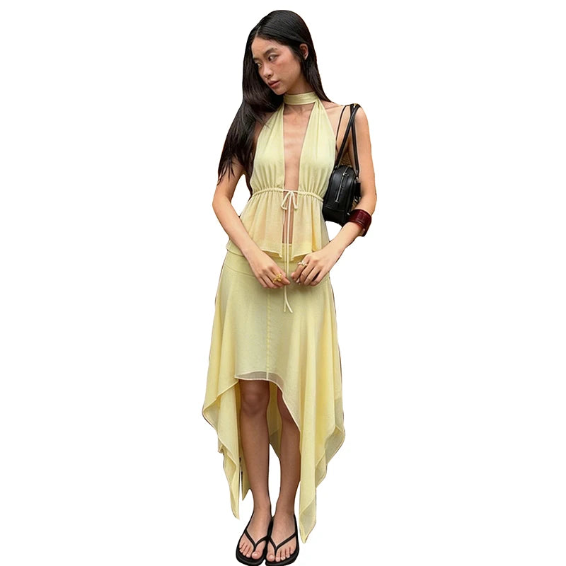 Y2K Inspired Two Piece Set Featuring Lace Up Backless Tank Top And Irregular Ruched Skirt