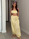 Women's Trousers 2 Pcs Suits Pleated Spaghetti Strap Cropped Tube Tops Elastic Waist Lace Up Pants