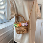 Straw Woven Shoulder Bag With Floral Details
