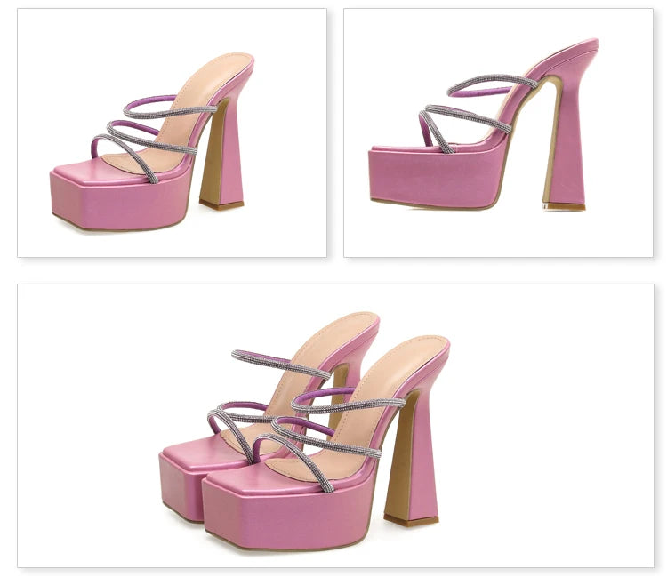 Crystal Narrow Band Platform Shoes With Ultra Chunky Heels