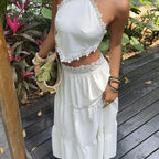 Boho Two Piece Lace Trim Cami Top And Tiered Maxi Skirt Set