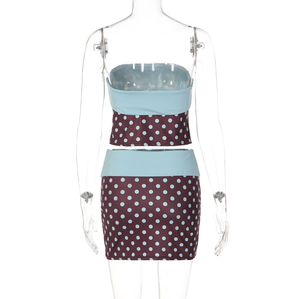 Polka Dot Strapless Vest Top And Color Block Two Piece Set For High Waist Summer Chic Bodycon Skirt Outfit