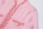 Pearl Beaded Knit Dress With Flare Sleeves And V Neck