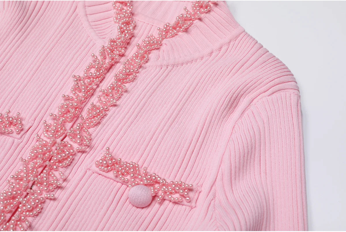 Pearl Beaded Knit Dress With Flare Sleeves And V Neck