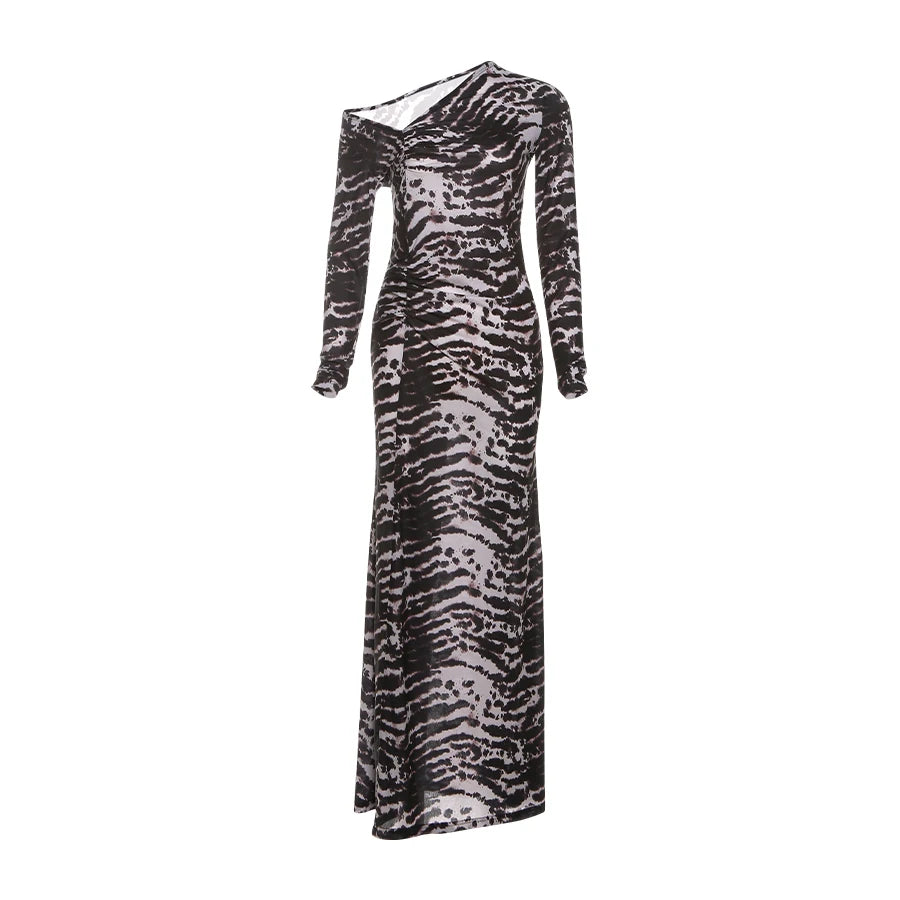 Patchwork Long Dress With Asymmetric Shoulder And Slim Stretch