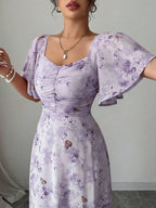Purple Butterfly Print Mini Dress With Batwing Sleeves