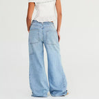 Relaxed Wide Leg Denim Jeans With Big Pockets Casual Baggy Trousers Vintage Streetwear Vibe