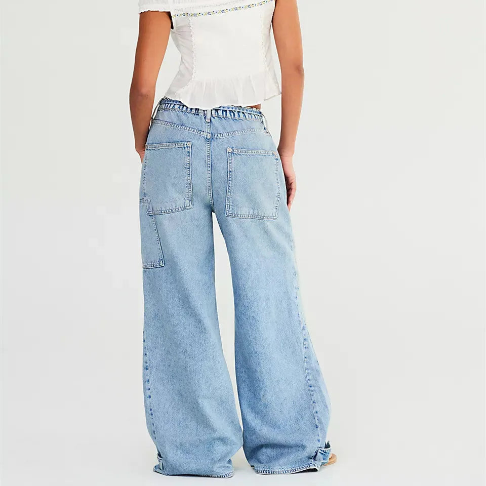 Relaxed Wide Leg Denim Jeans With Big Pockets Casual Baggy Trousers Vintage Streetwear Vibe
