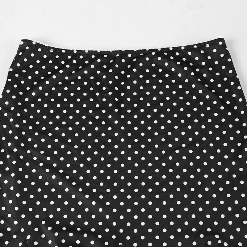 Black Polka Dot Print Midi Skirt With Low Waist Lightweight Knit