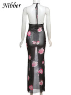 Floral Rose Print Backless Halter Maxi Dress