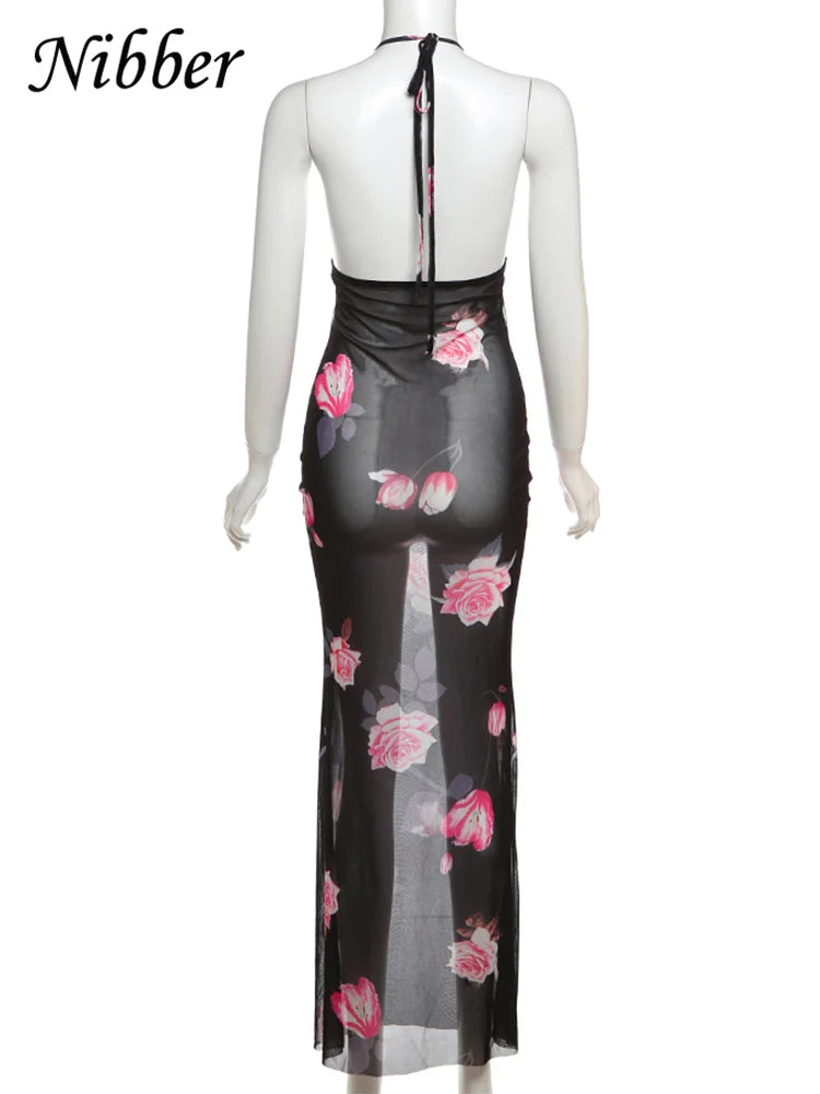 Floral Rose Print Backless Halter Maxi Dress