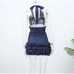Polka Dot V Neck Halter Top Set With High Waist Ruffle Hem Mini Skirt