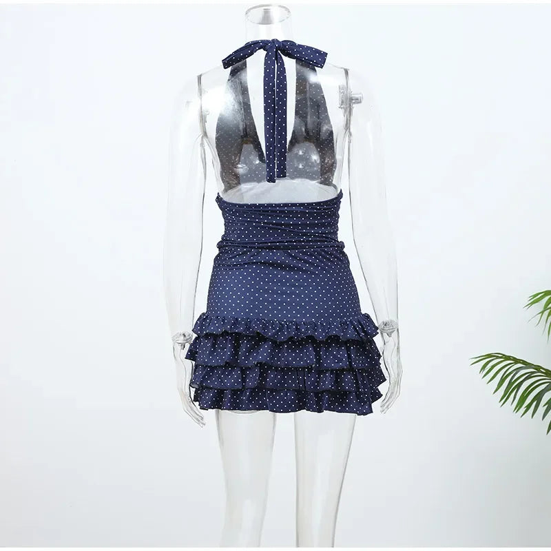 Polka Dot V Neck Halter Top Set With High Waist Ruffle Hem Mini Skirt