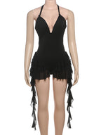 Boho Halter Playsuit With Tiered Ruffles And Tassels And V Neck Backless Romper
