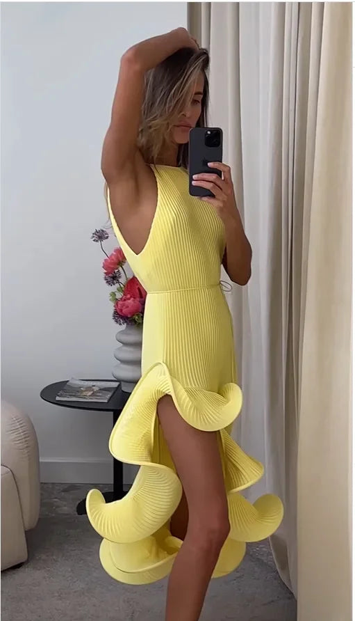 Sexy Knot Waist Lace Trim Midi Dress Sleeveless High Collar