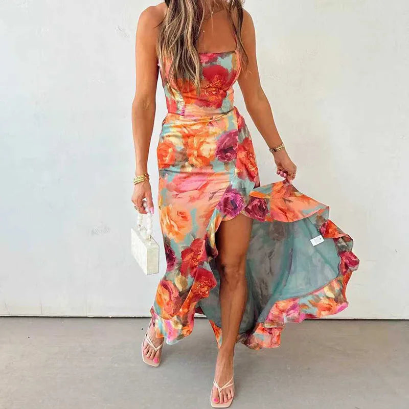 Floral Backless Tie Dress With Pleats