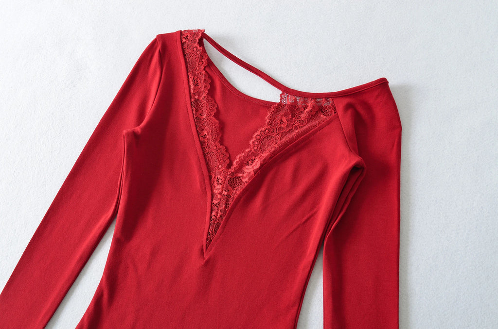 Lace Splice Long Sleeve Vneck Top For Night Out Chic