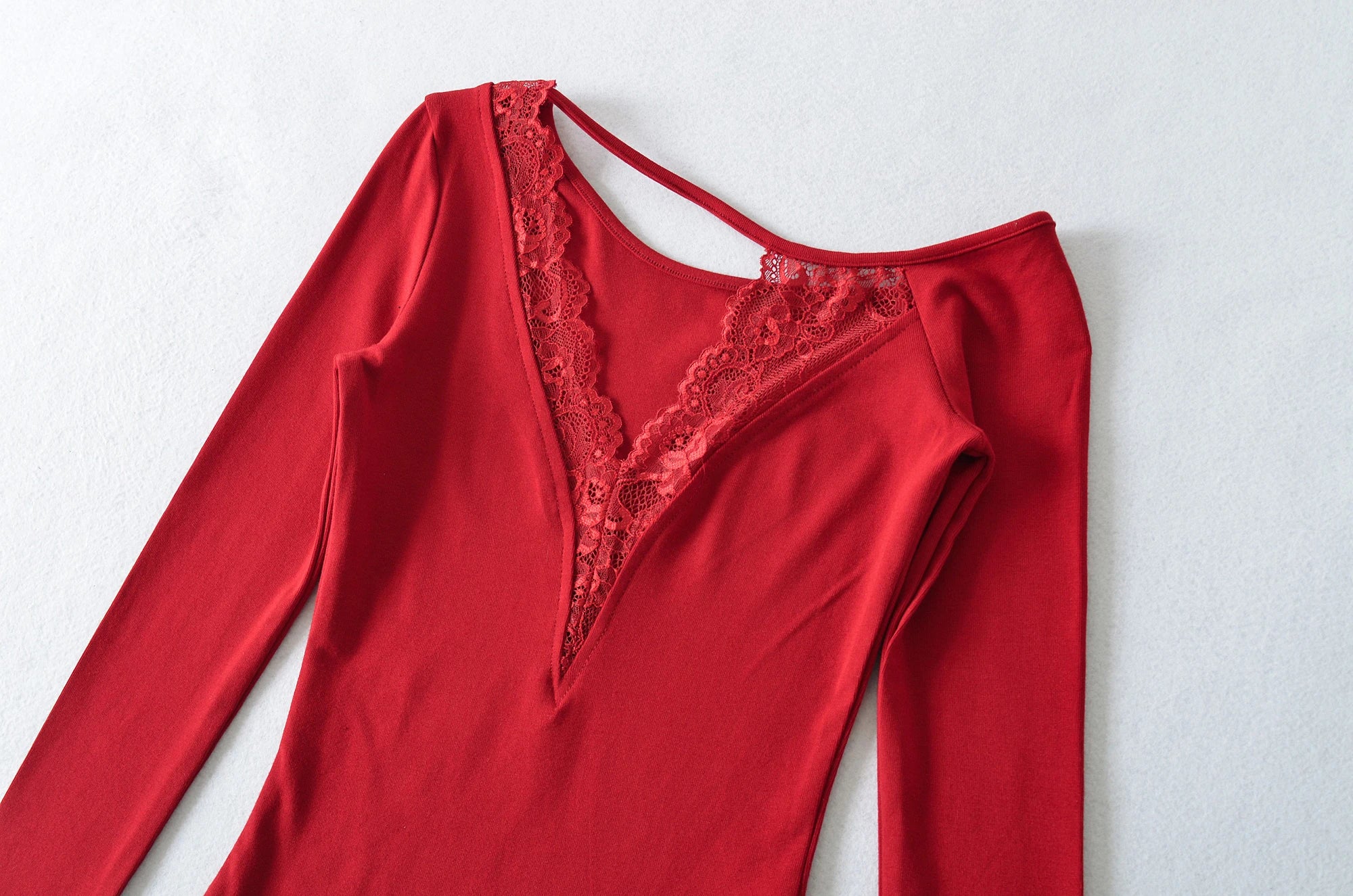 Lace Splice Long Sleeve Vneck Top For Night Out Chic