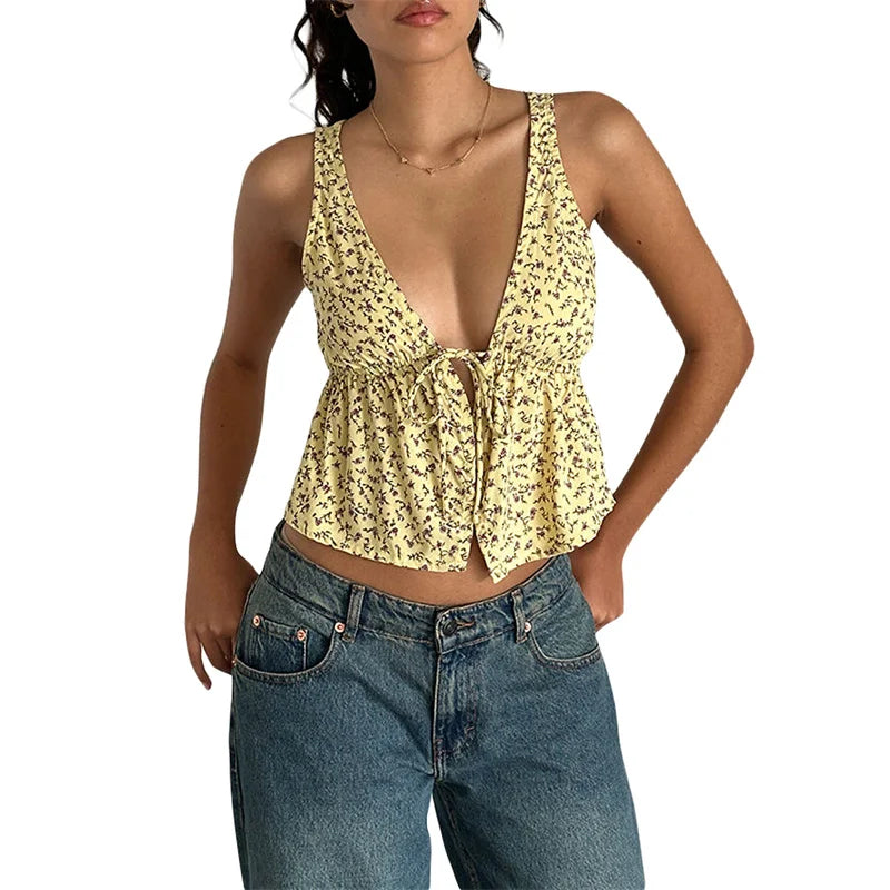 Y2K Floral Print Tie Front Tank Top for Women V Neck Sleeveless