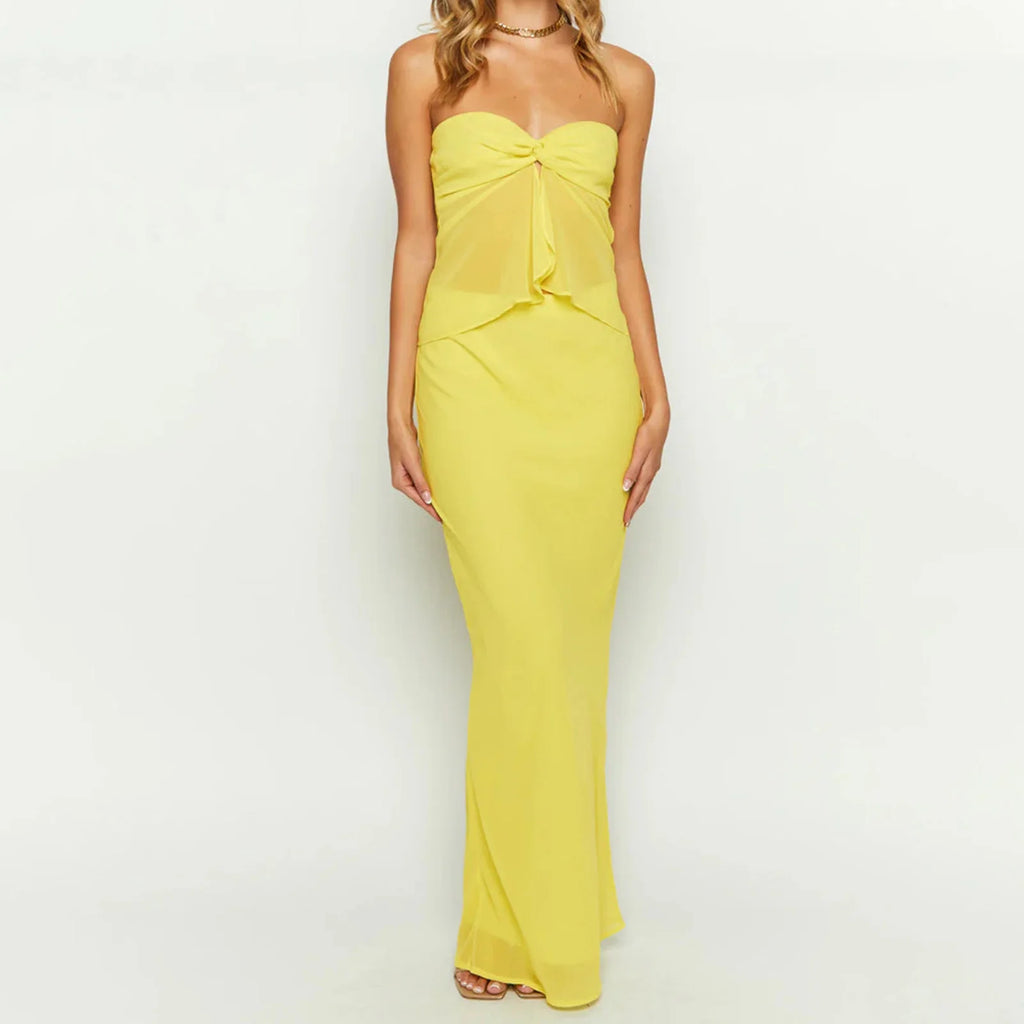Off Shoulder Two Piece Tube Top And Layered Ruffle Maxi Skirt Set