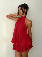 Women's Halter Neck Chiffon Mini Dress - Backless Tie-Front