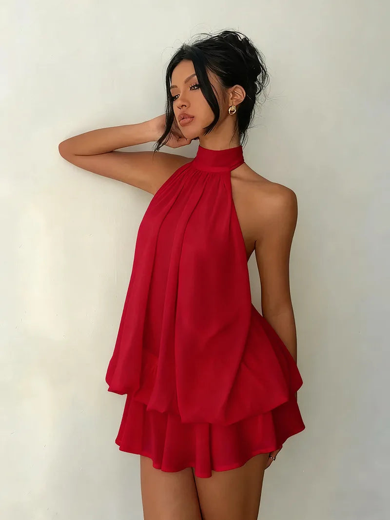 Women's Halter Neck Chiffon Mini Dress - Backless Tie-Front