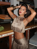 Champagne Satin Skirt Set For Women Halter Backless Crop Top And Maxi Pleated Skirt