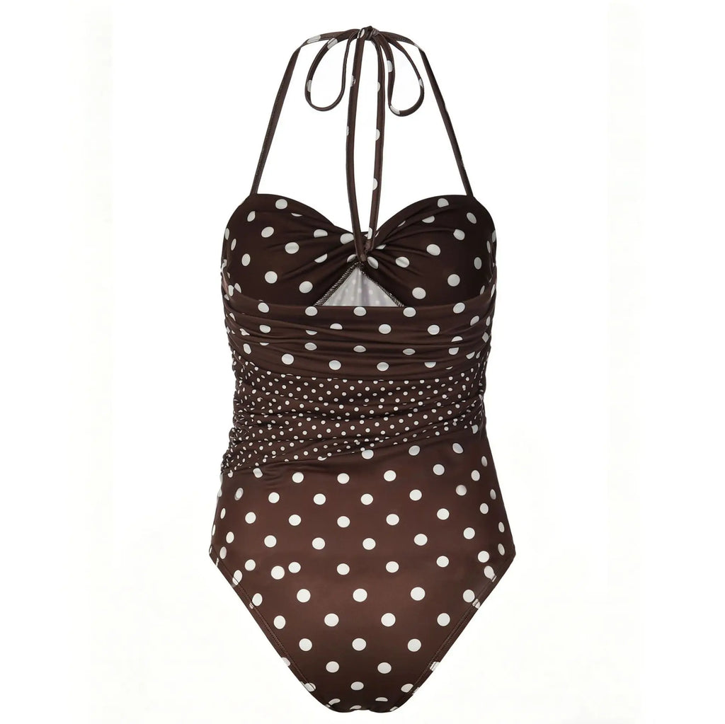Polka Dot Print Bodysuit Wrap Belted Ruffled Back Cinched Pure Desire Style French for Women