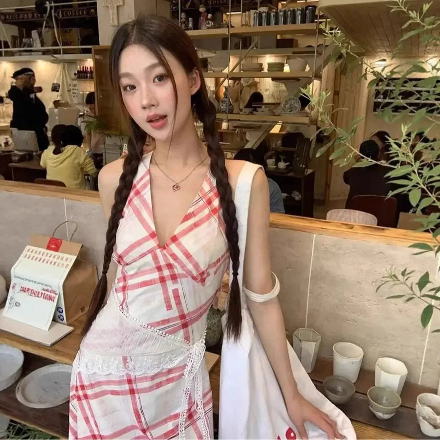 Red Plaid Sleeveless Dress With High Waist A Line Maxi French Style Inspired