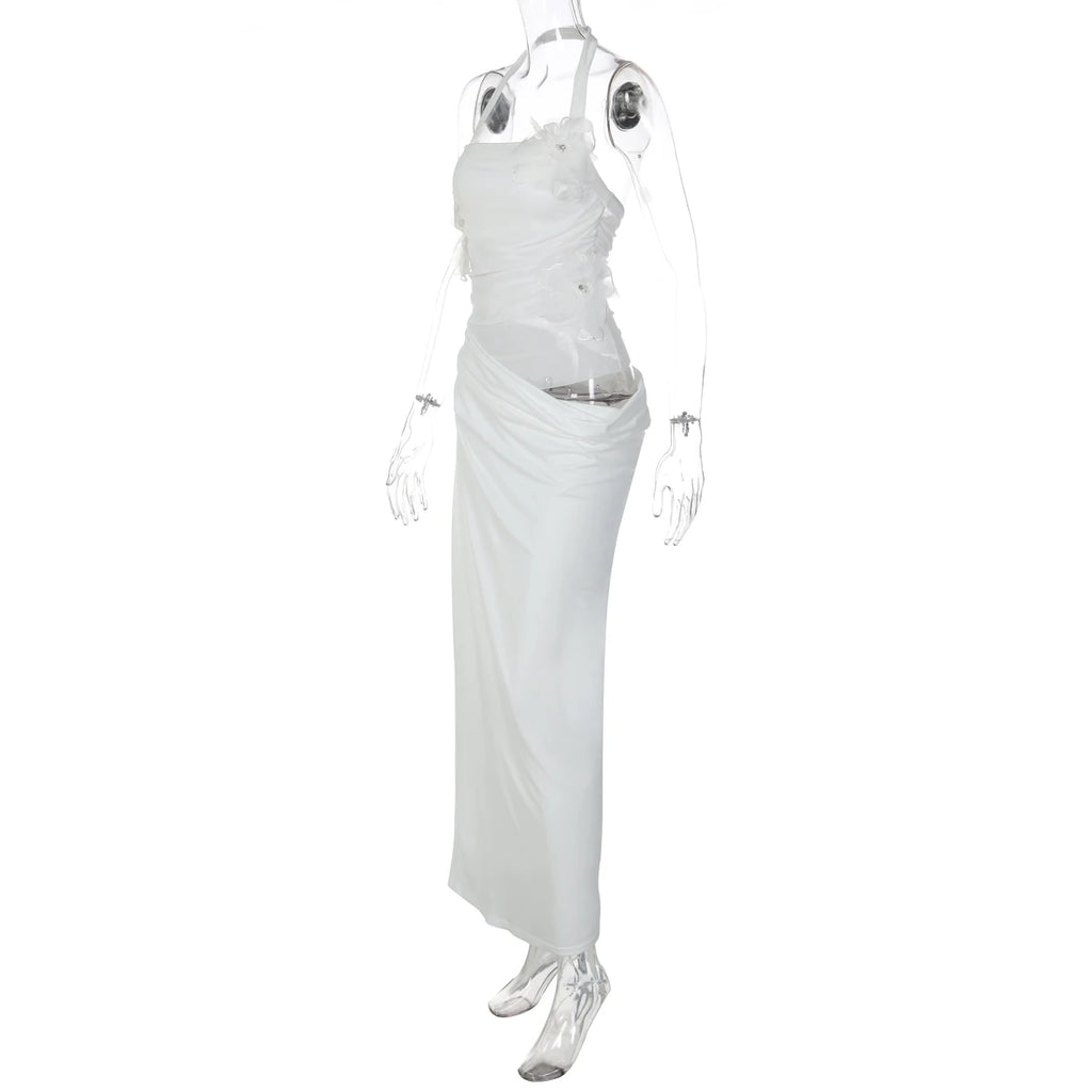 Halter Backless Sheer Mesh Maxi Dress With Floral Embellishment