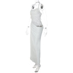 Halter Backless Sheer Mesh Maxi Dress With Floral Embellishment