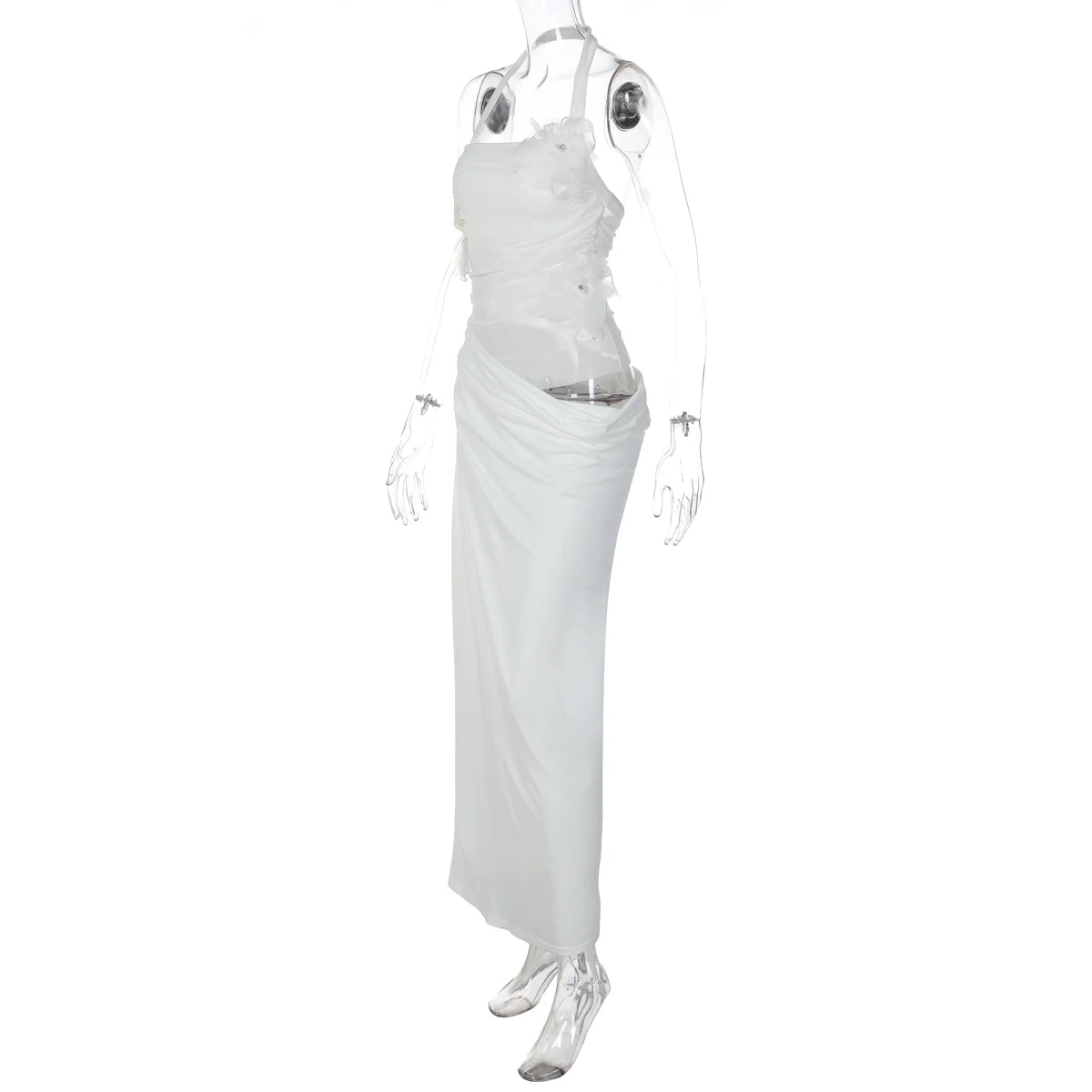 Halter Backless Sheer Mesh Maxi Dress With Floral Embellishment
