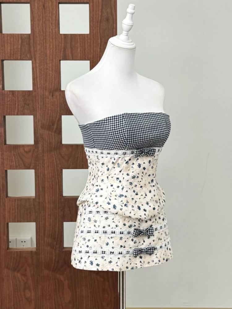 Romantic Plaid Strapless Lace Up Top and Floral Mini Skirt Set