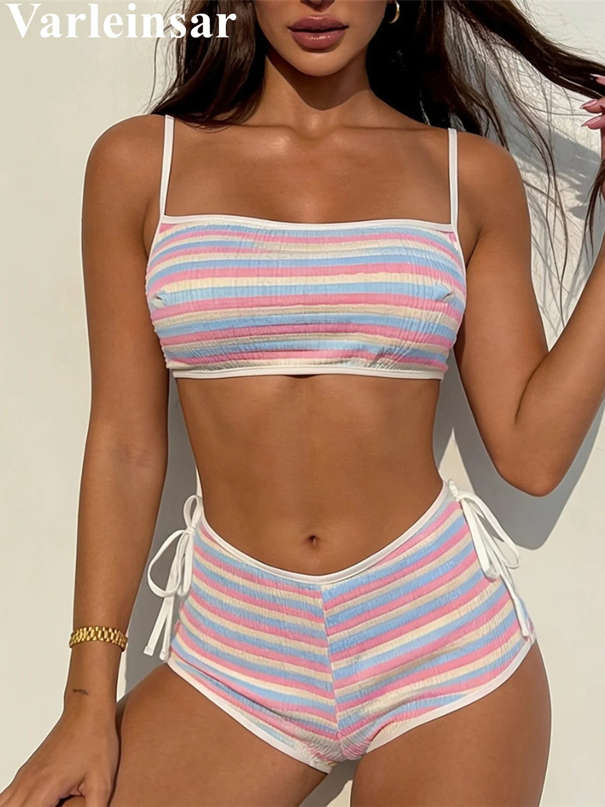 Striped Mid Waist Bikini Female Swimsuit Two-pieces Bikini Set Shorts Padded