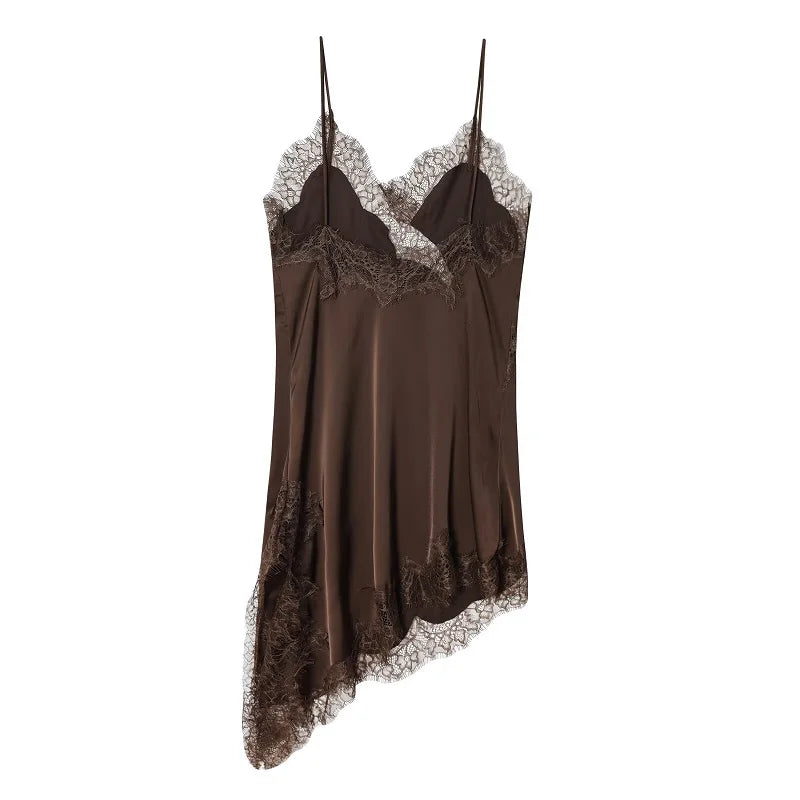 Lace Slip Mini Dress With Satin Backless Asymmetric Cut