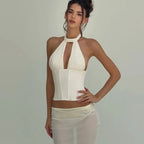Halter Neck Crop Top With Lace Up Details And Backless Design
