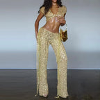 Sequined Set With Tassel Mini Skirt And V Neck Crop Top