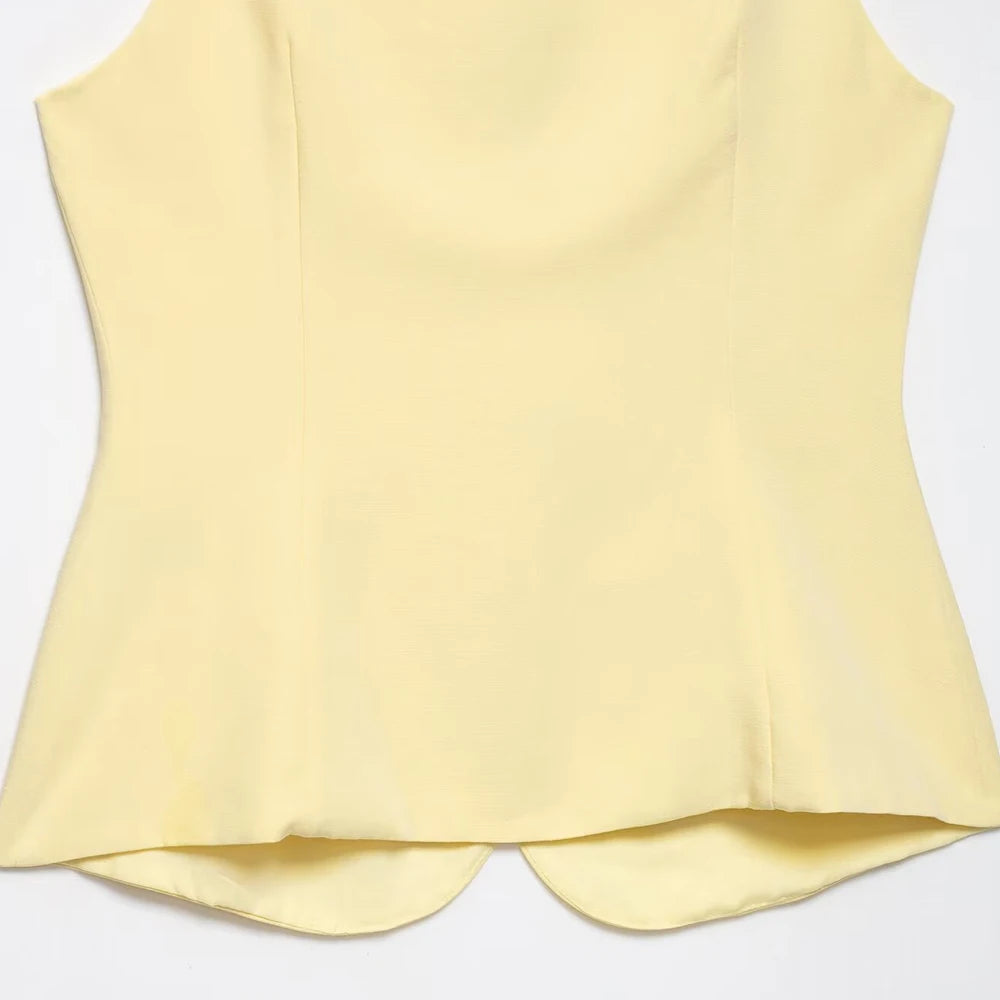 Buttoned Waistcoat Two Piece Shorts Set With Mid-Waist Pockets