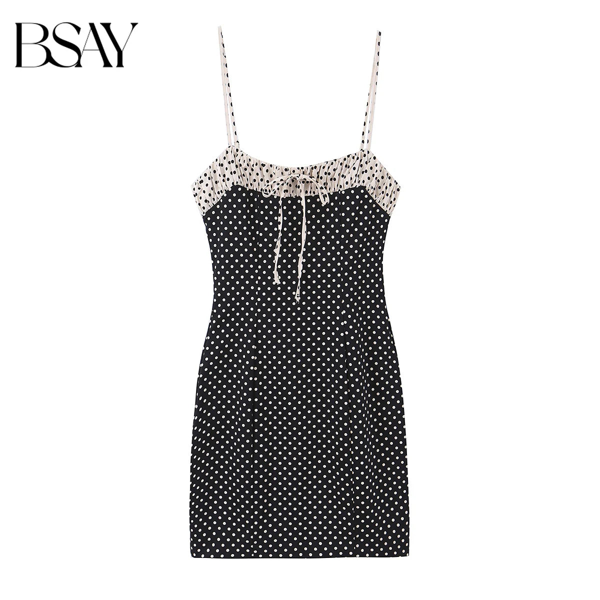 Black Polka Dot Summer Mini Dress With Bow Detail Sleeveless Slimming Waist